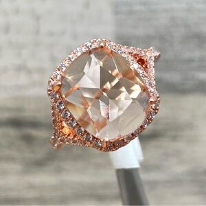 Beautiful Statement Radiant Cut Halo Champagne CZ Rose Gold Tone Plated Ring
